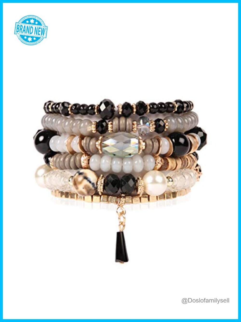 Stackable Beaded Stretch Bracelets - Crystal Mix Tassel Charm Multi Layer